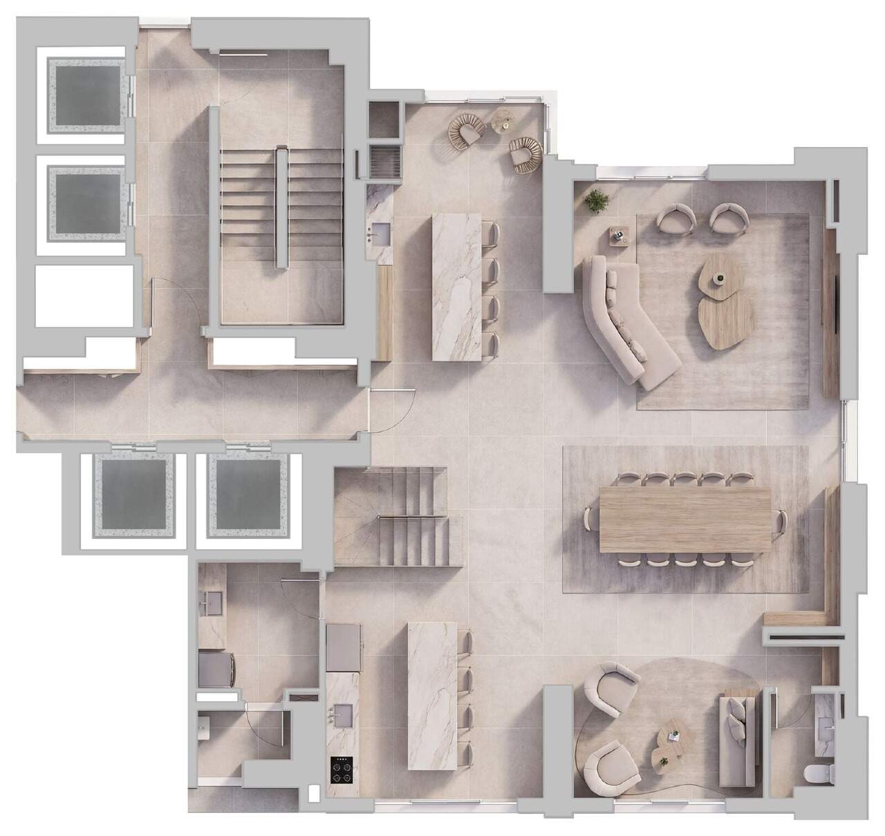 Apartamento diferenciado à venda no Centro: Planta do pavimento inferior do duplex: living, jantar, cozinha e sacada
