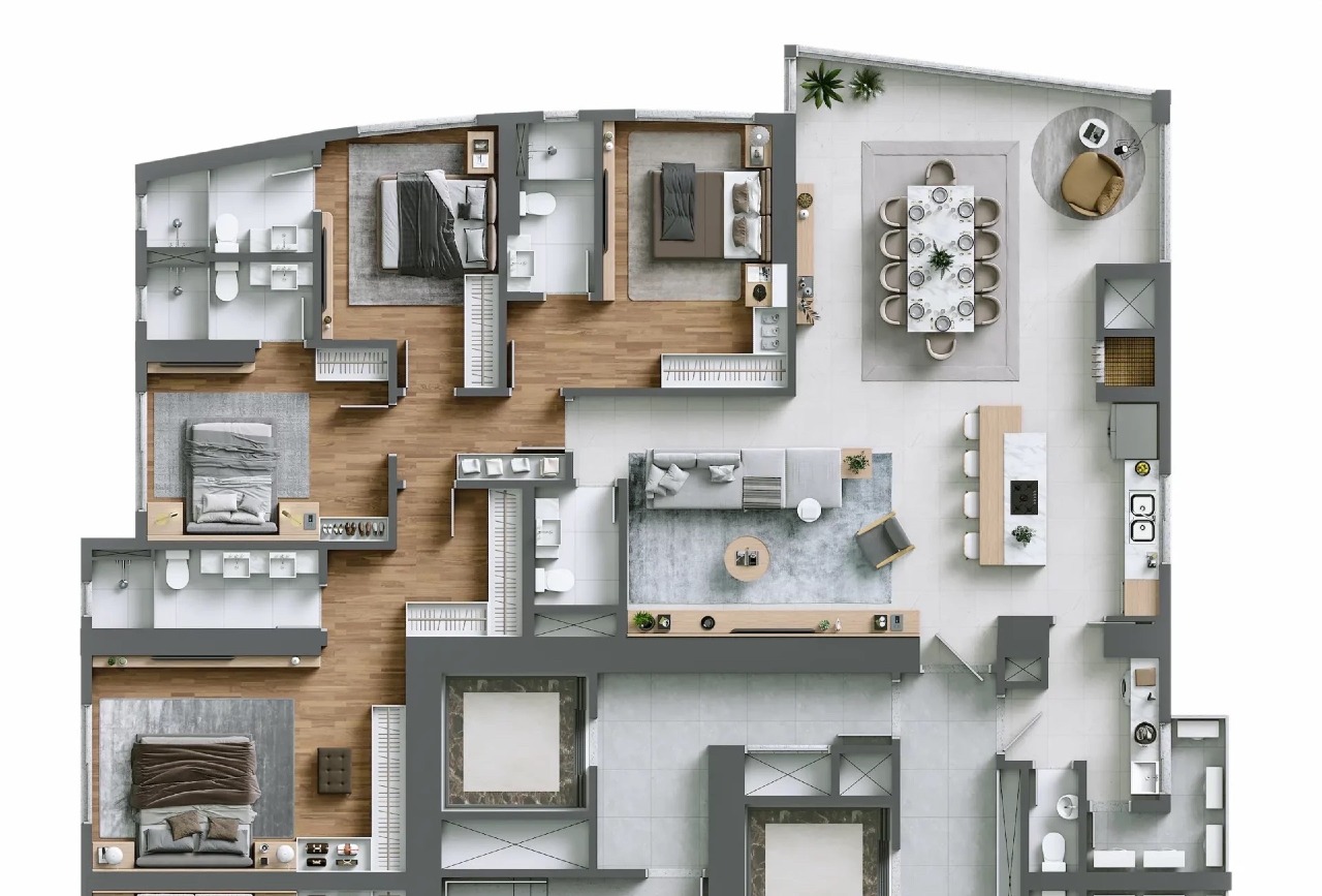 Apartamento à venda no Centro: Planta do final 2 do pavimento tipo: 197,13 m² com 4 suítes, living, jantar e cozinha com ilha
