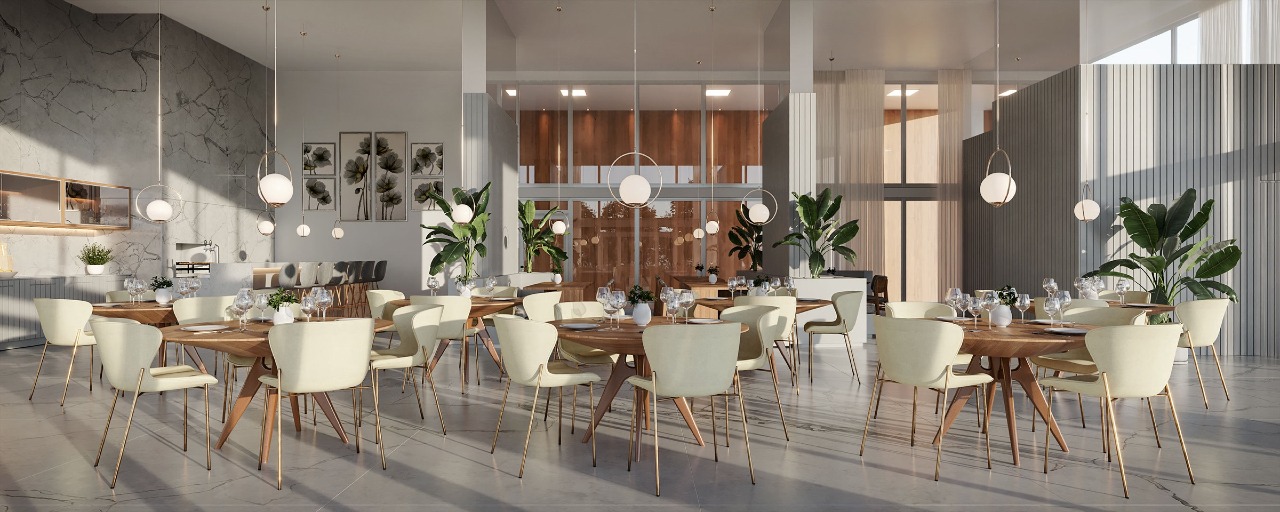 Apartamento à venda no Centro: Salão de festas com mesas para jantar (imagem ilustrativa)