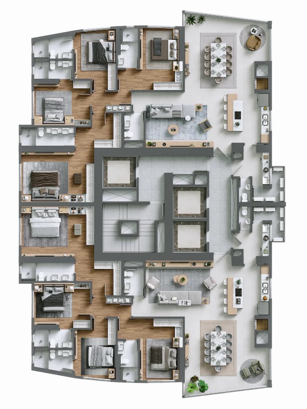 Apartamento à venda no Centro: Planta do pavimento tipo, com os dois apartamentos por andar e o hall dos elevadores