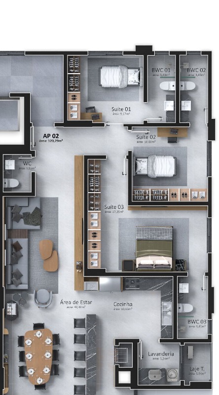 Apartamento à venda no Centro: Planta do tipo 2 do Newport Beach: 120,29 m² privativos com 3 suítes