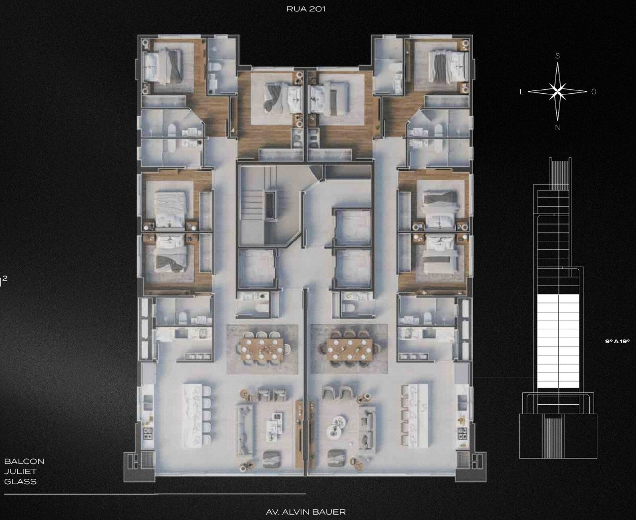 Apartamento à venda no Centro: Planta da tipologia Classic 143,43 m²; lado da unidade a confirmar