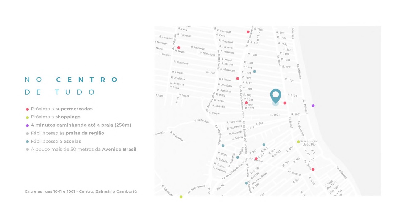 Apartamento à venda no Centro: Mapa do entorno no Centro: 250 m da Praia Central e pouco mais de 50 m da Avenida Brasil