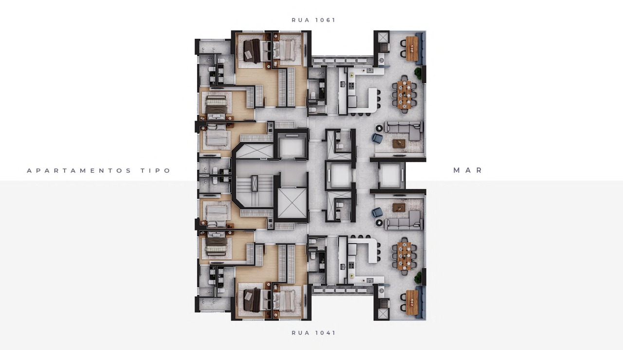 Apartamento à venda no Centro: Planta do pavimento tipo: dois apartamentos espelhados, com sala e sacada do lado do mar