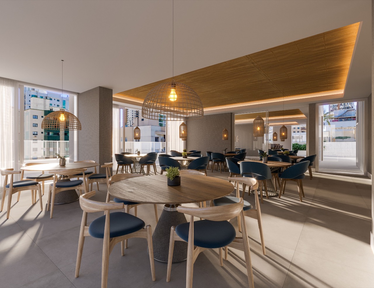 Apartamento à venda no Centro: Salão de festas Greenwich, com mesas e cozinha de apoio (imagem ilustrativa)