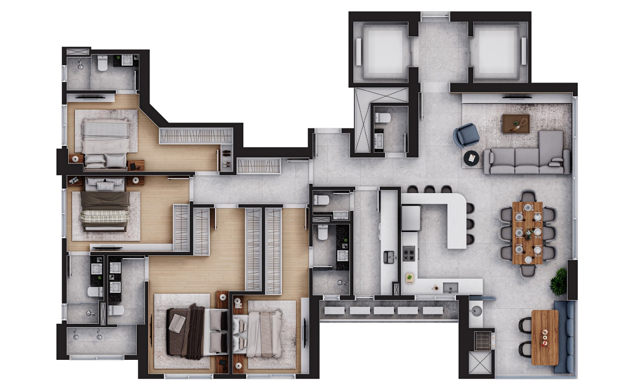Apartamento à venda no Centro: Planta do apartamento tipo de 181 m²: 4 suítes, living, cozinha integrada e sacada gourmet