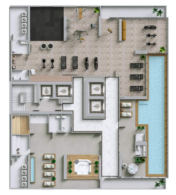 Apartamento diferenciado à venda no Centro: Planta do pavimento de lazer com academia, piscina aquecida, spa e saunas