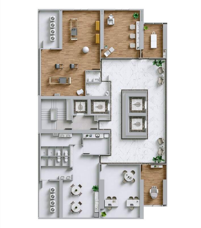 Apartamento diferenciado à venda no Centro: Planta do mezanino com pilates, espaço beauty e salas de massagem