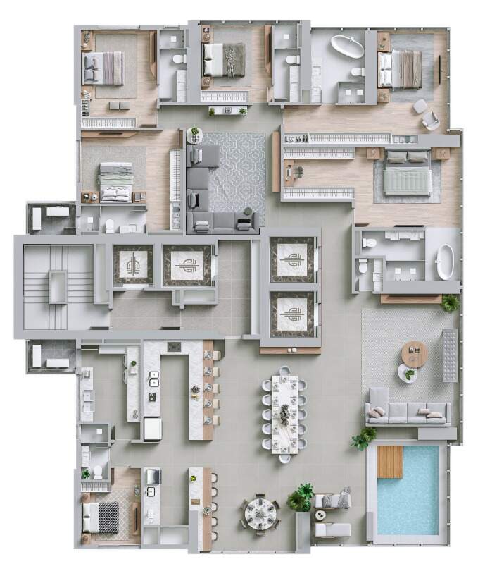 Apartamento diferenciado à venda no Centro: Planta humanizada do pavimento inteiro: 376,98 m² com piscina privativa e dependência