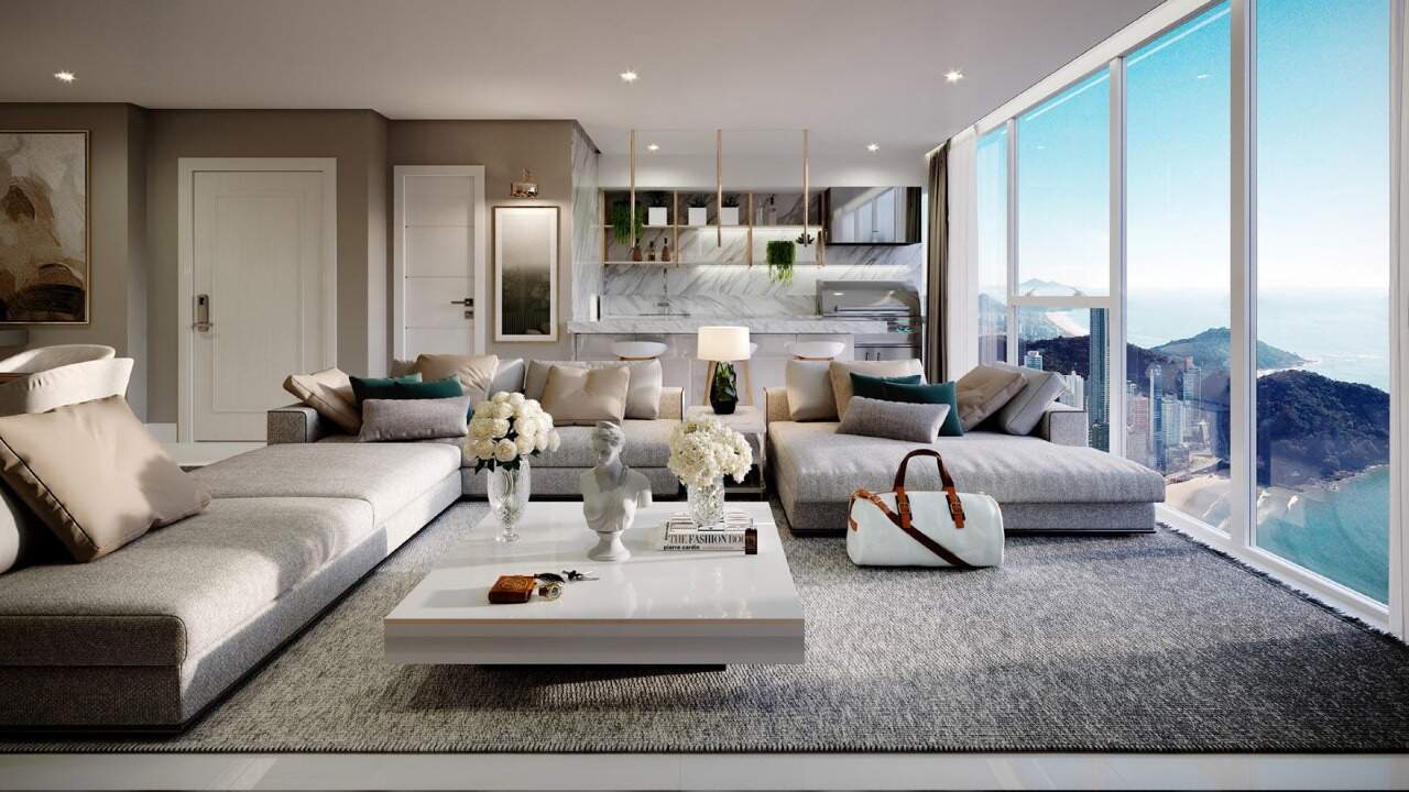 Apartamento diferenciado à venda no Centro: Living em andar alto, com vista para o mar e a orla (imagem ilustrativa)