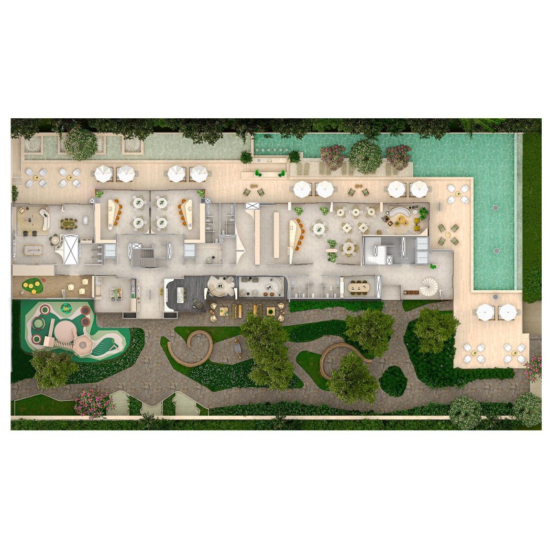Cobertura à venda no Praia Brava: Planta humanizada do pavimento de lazer, com piscinas, jardins e playground