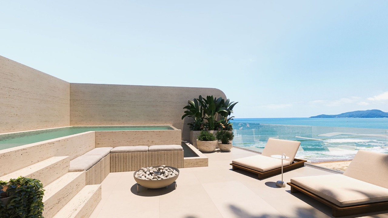 Cobertura à venda no Praia Brava: Terraço da cobertura duplex com piscina privativa e vista para o mar (imagem ilustrativa)
