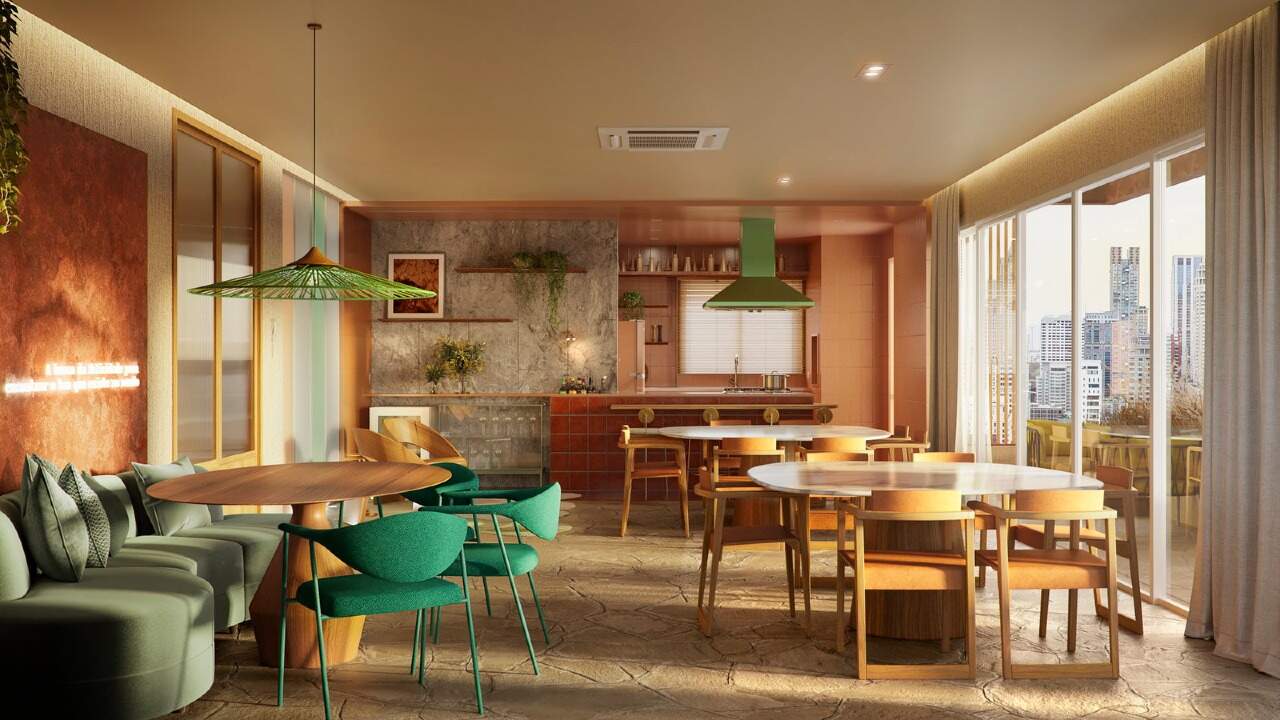 Apartamento diferenciado à venda no Centro: Projeto do espaço gourmet de lazer do Lykke (imagem ilustrativa)