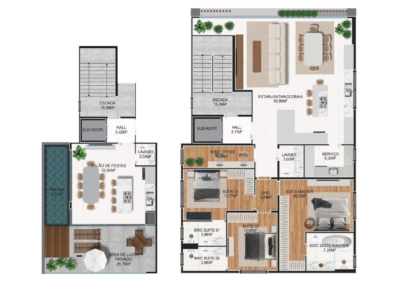 Apartamento à venda no Praia Brava: Planta do apartamento tipo: 247,08 m², 3 suítes, home office e área de festas com piscina