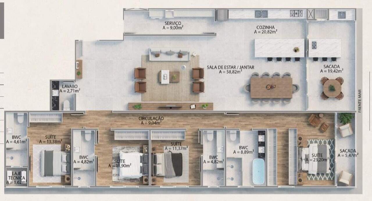 Apartamento à venda no Praia Brava: Planta do apartamento tipo face sul: 229 m² privativos, 4 suítes e sacada frente mar