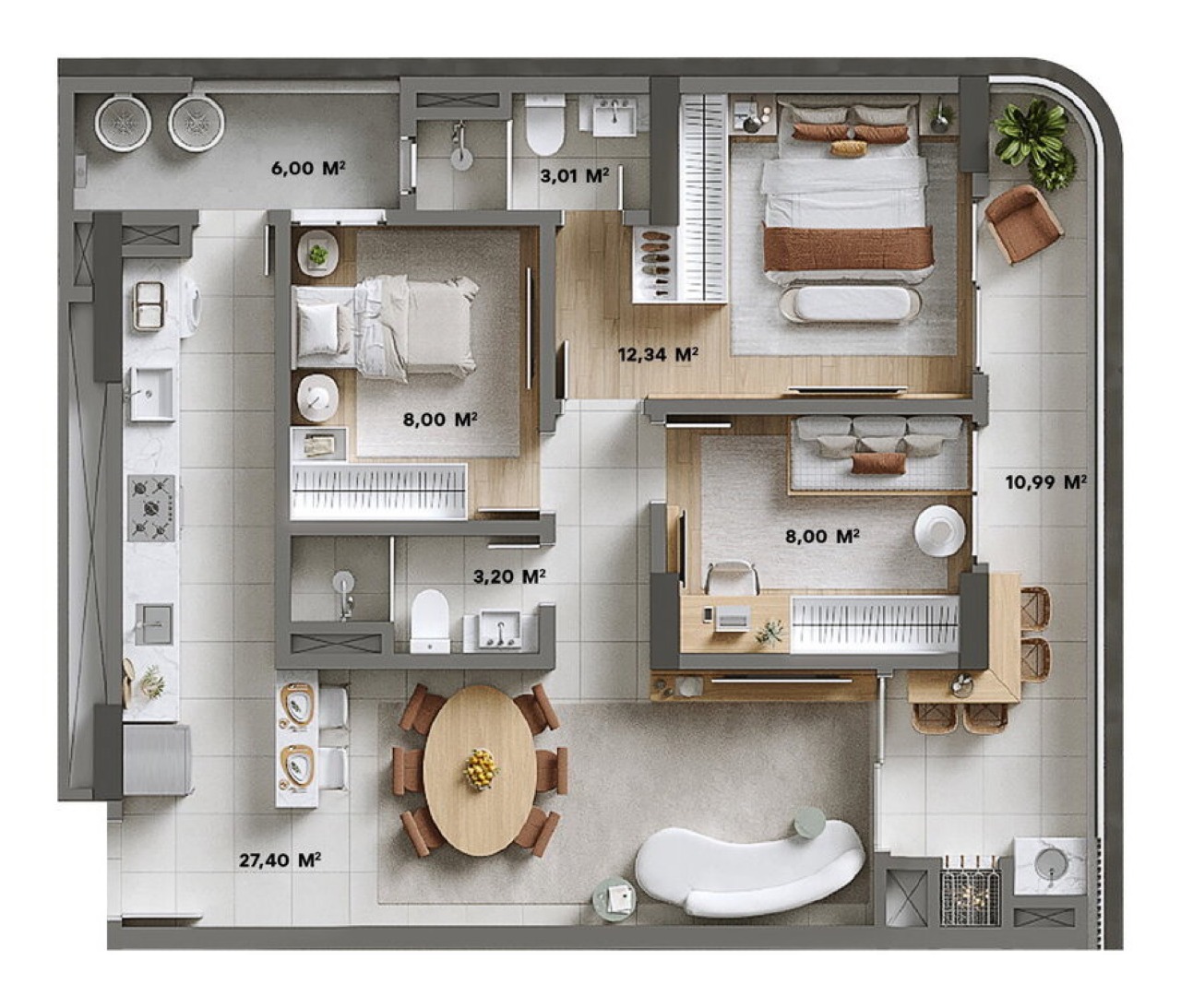 Apartamento à venda no Praia Brava: Planta Tipo 1 do Brava Living: 94,35 m², suíte, 2 dormitórios e varanda em L
