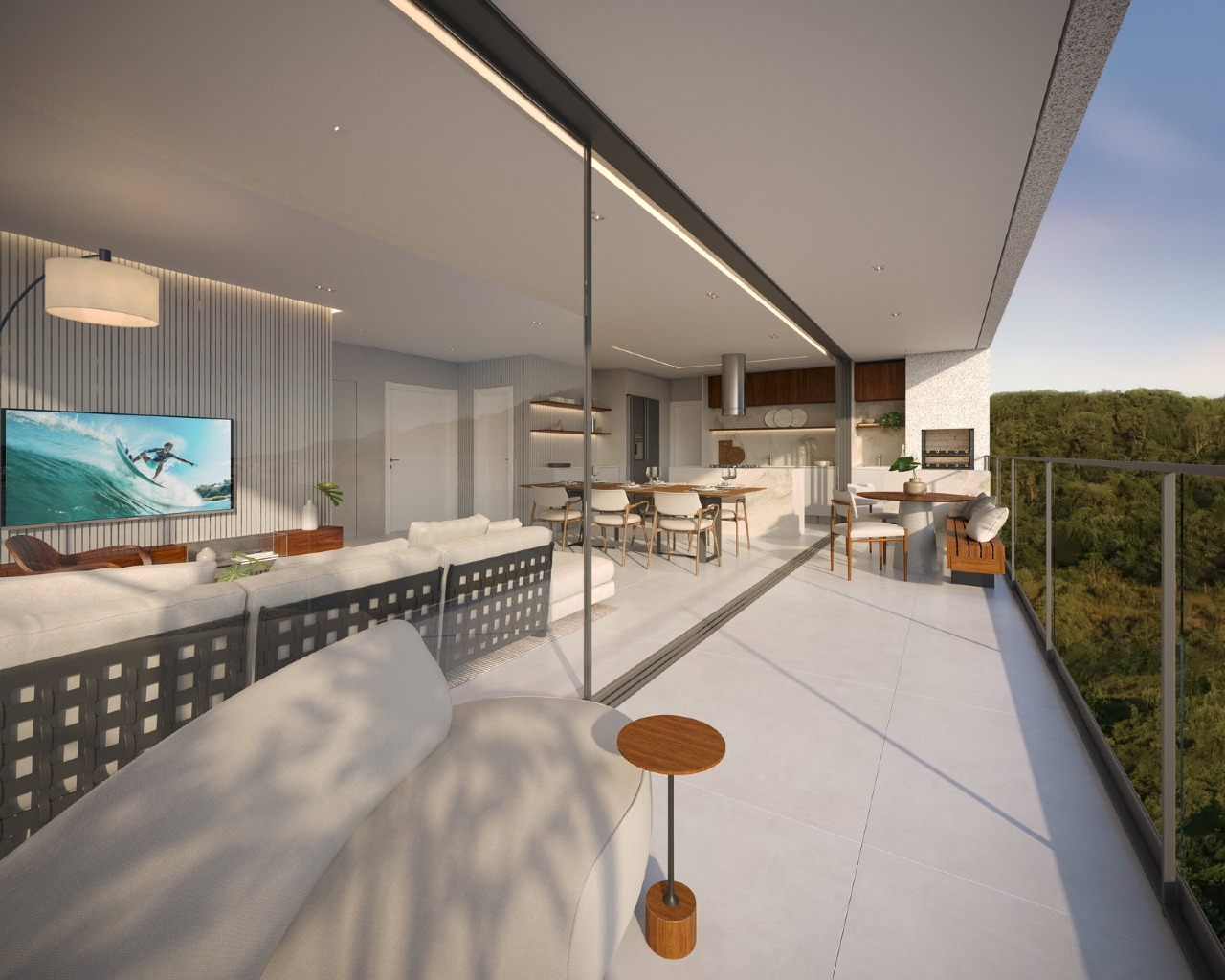 Apartamento à venda no Praia Brava: Sacada do tipo 1 integrada à sala; a vista varia com o andar (imagem ilustrativa)