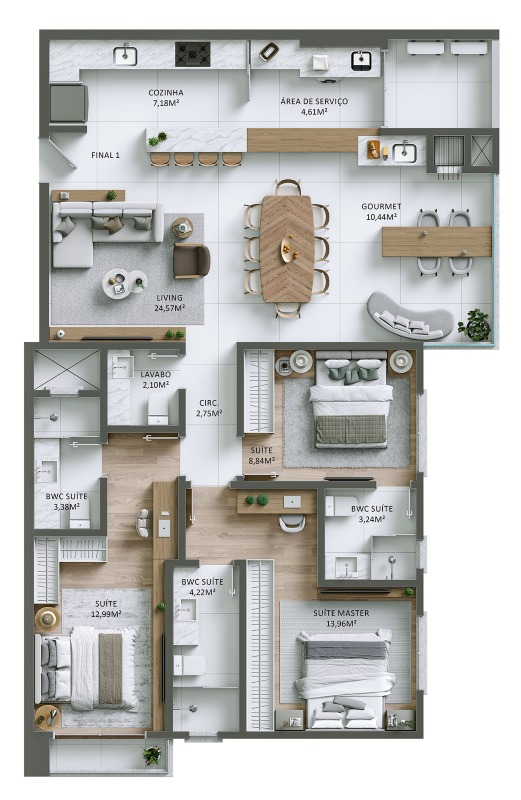 Apartamento à venda no Praia Brava: Planta do final 01, com 3 suítes, sacada gourmet e 117 m² privativos