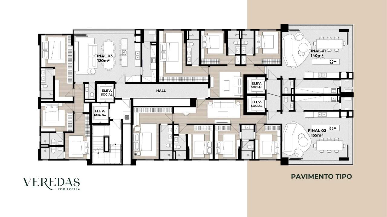 Apartamento à venda no Fazenda: Pavimento tipo do Veredas, com três apartamentos por andar e quatro elevadores