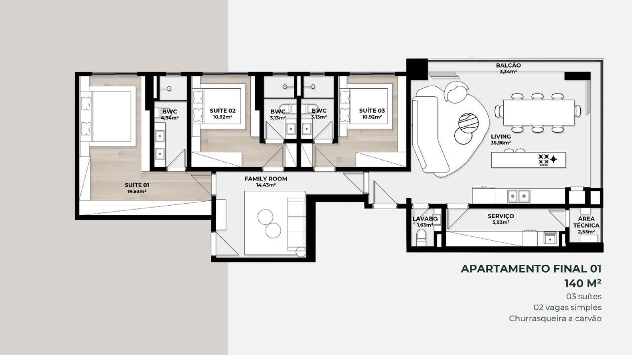 Apartamento à venda no Fazenda: Planta do final 01 do Veredas: 140 m², 3 suítes, family room e 2 vagas