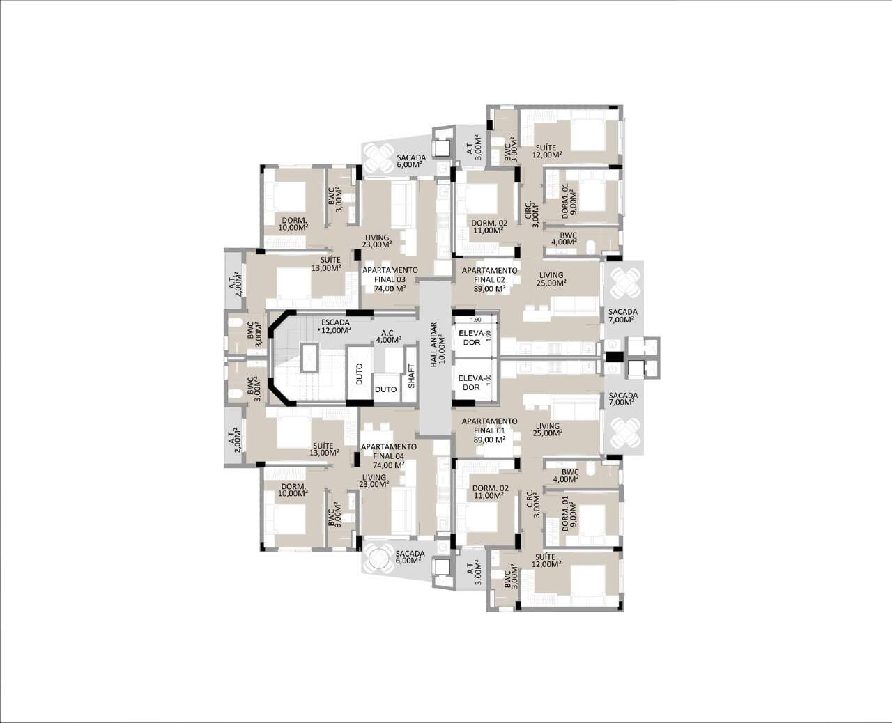 Apartamento à venda no Fazenda: Pavimento tipo do L’Aquamarine Residence, com quatro apartamentos por andar