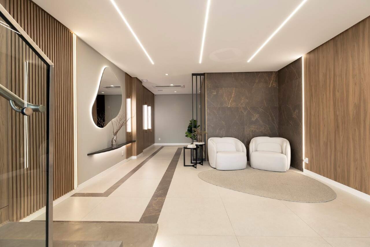 Apartamento à venda no Fazenda: Hall de entrada decorado e mobiliado do L’Aquamarine Residence