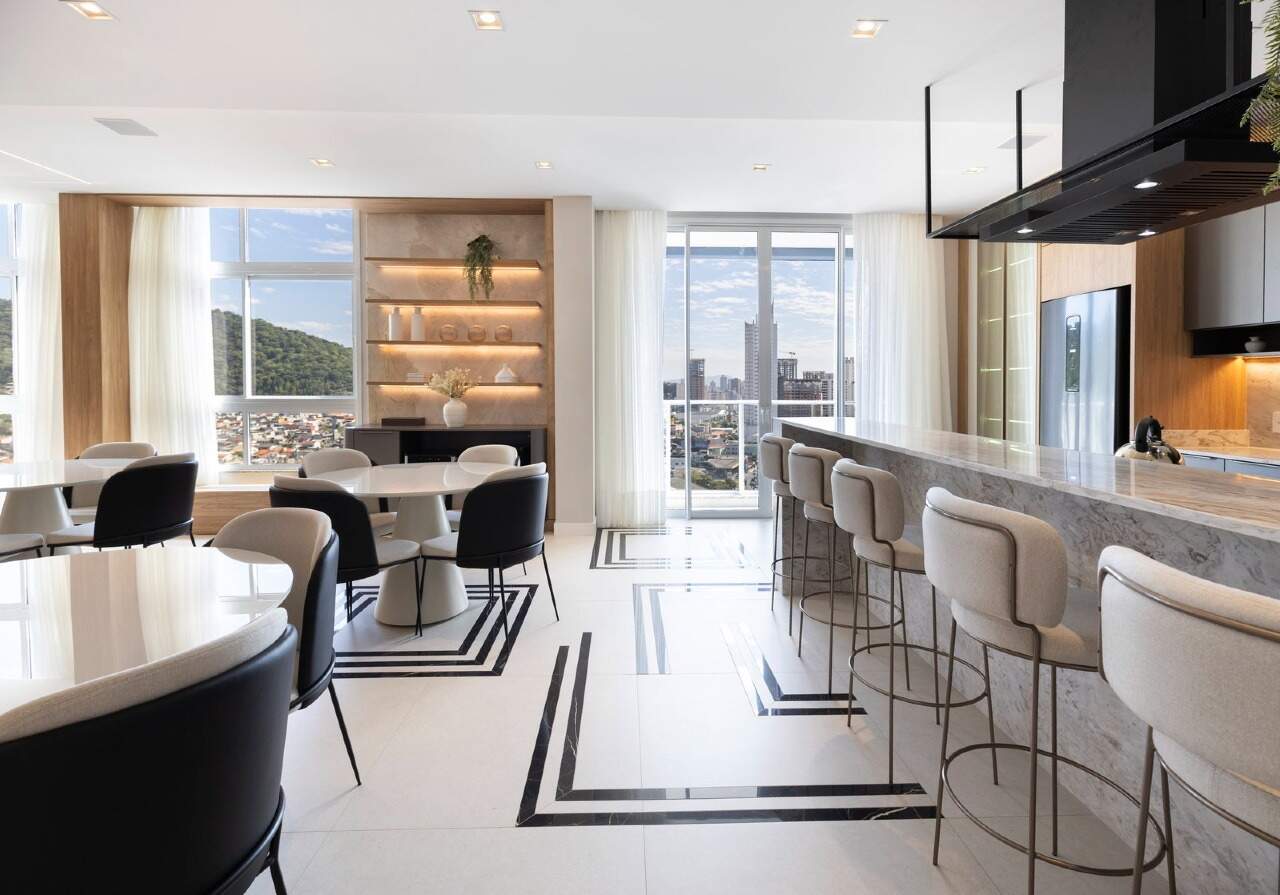 Apartamento à venda no Fazenda: Espaço gourmet mobiliado do rooftop, com vista para a cidade