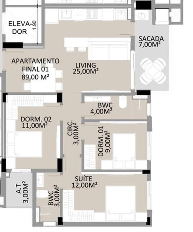 Apartamento à venda no Fazenda: Planta do final 1: 89 m², 3 dormitórios com suíte, living de 25 m² e sacada de 7 m²