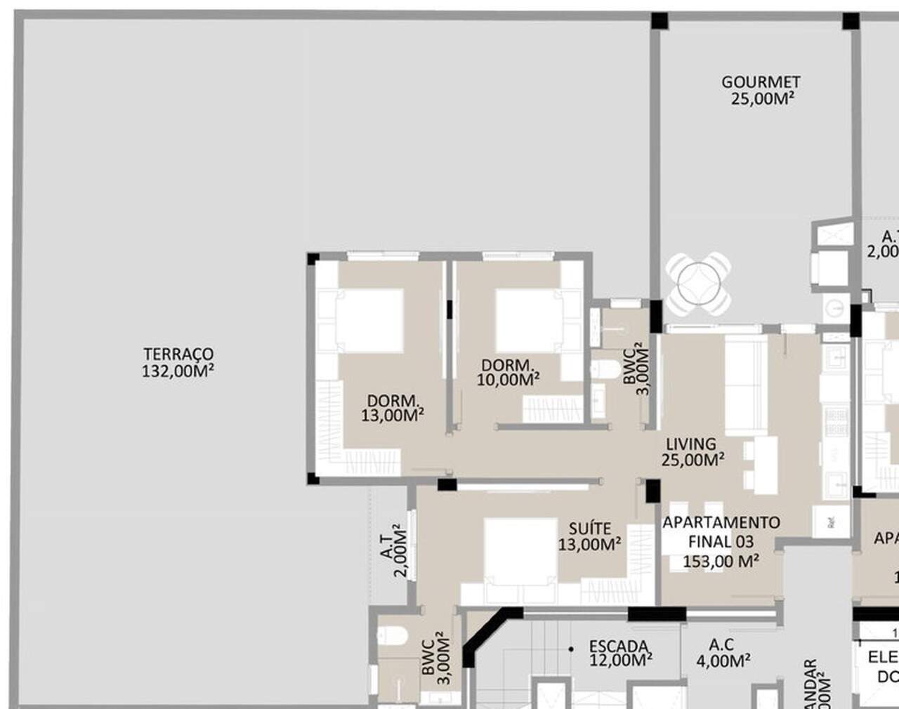 Apartamento diferenciado à venda no Fazenda: Planta do final 3: 3 dormitórios com suíte, espaço gourmet de 25 m² e terraço de 132 m²