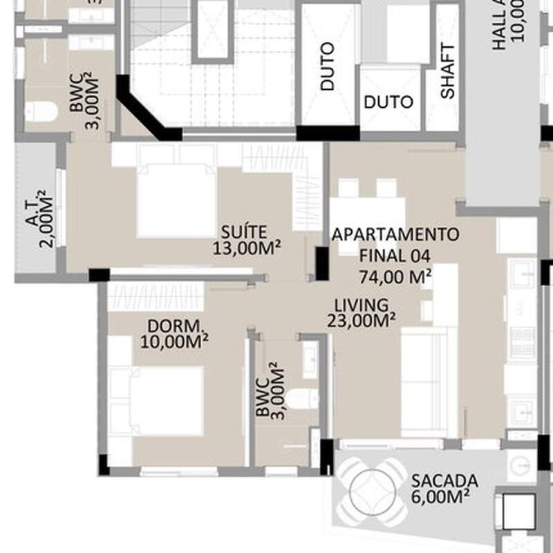 Apartamento à venda no Fazenda: Planta do final 4: 74 m², suíte, dormitório, living de 23 m² e sacada de 6 m²
