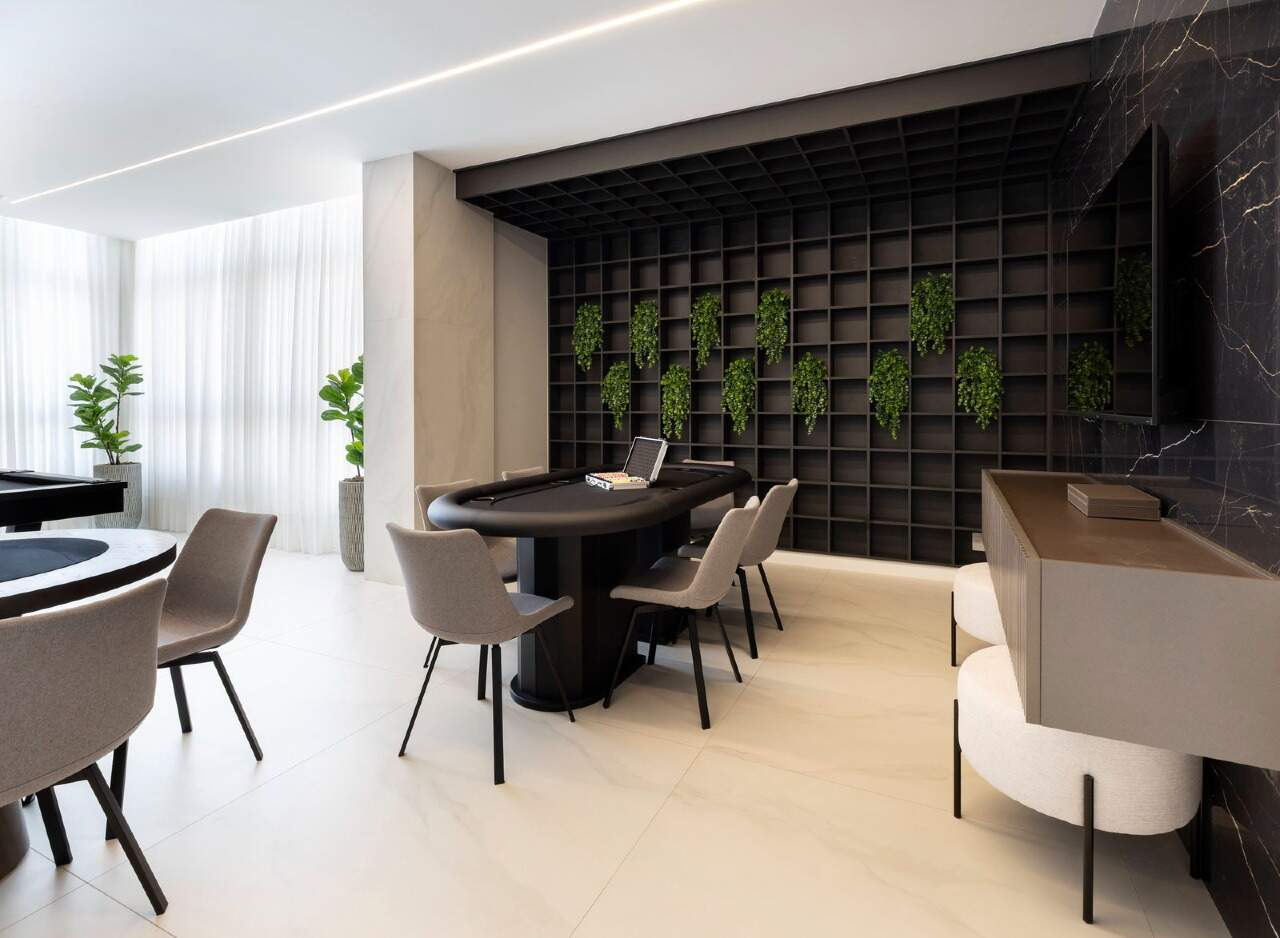 Apartamento à venda no Fazenda: Pub com mesa de pôquer e parede verde