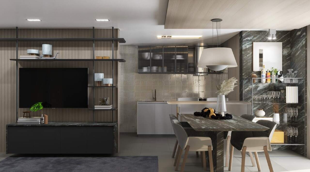 Apartamento à venda no Fazenda: Living e sala de jantar em apartamento decorado (imagem ilustrativa)