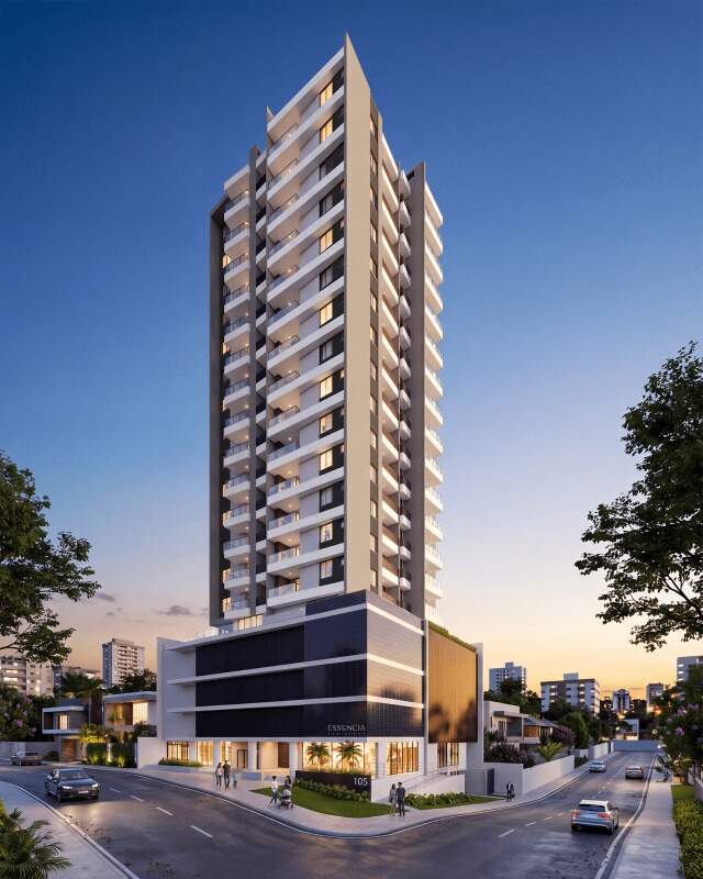 Apartamento à venda no Fazenda: Torre de 22 pavimentos do Essência Residence ao anoitecer (imagem ilustrativa)