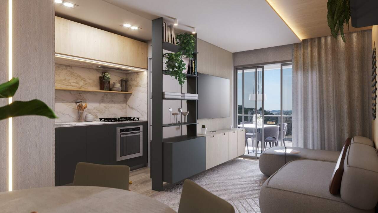 Apartamento à venda no Fazenda: Cozinha aberta para a sala de jantar em apartamento decorado (imagem ilustrativa)