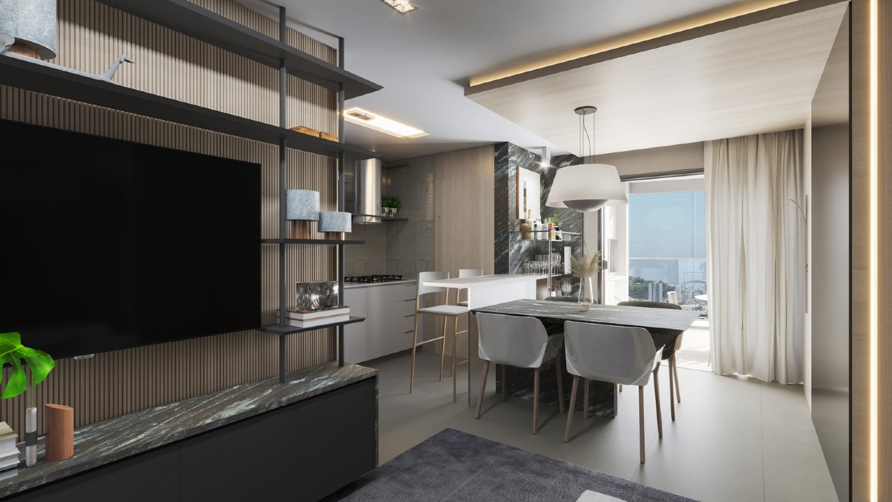Apartamento à venda no Fazenda: Living e cozinha integrados em apartamento decorado (imagem ilustrativa)