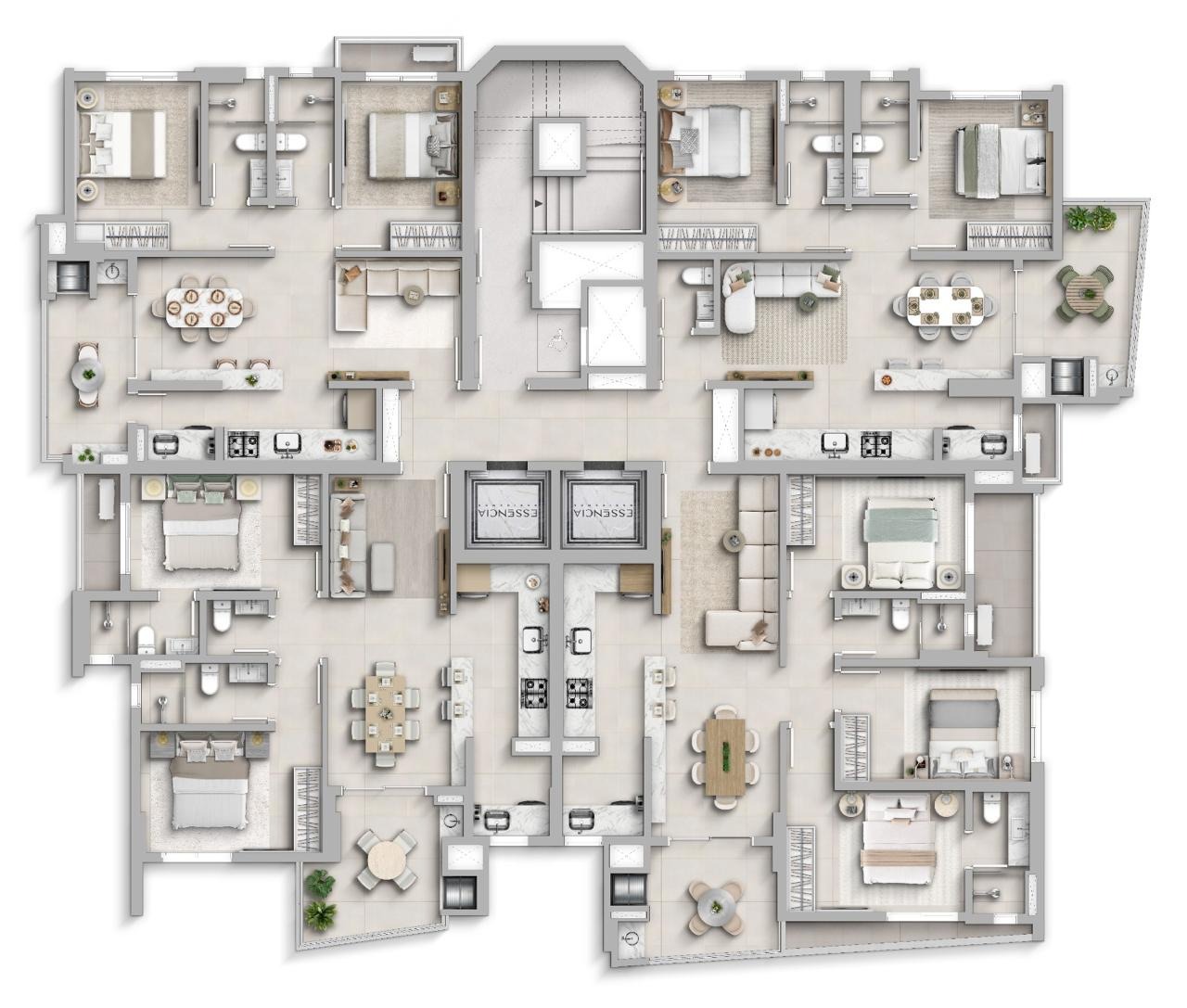 Apartamento à venda no Fazenda: Planta do pavimento tipo do Essência Residence, com quatro apartamentos por andar