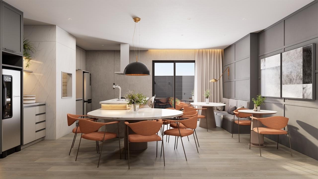 Apartamento à venda no Fazenda: Espaço gourmet com mesas e cozinha equipada (imagem ilustrativa)