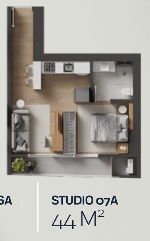 Apartamento à venda no Praia Brava: Planta do studio final 07A de 44,92 m²: studio, banheiro e sacada de 6,70 m²