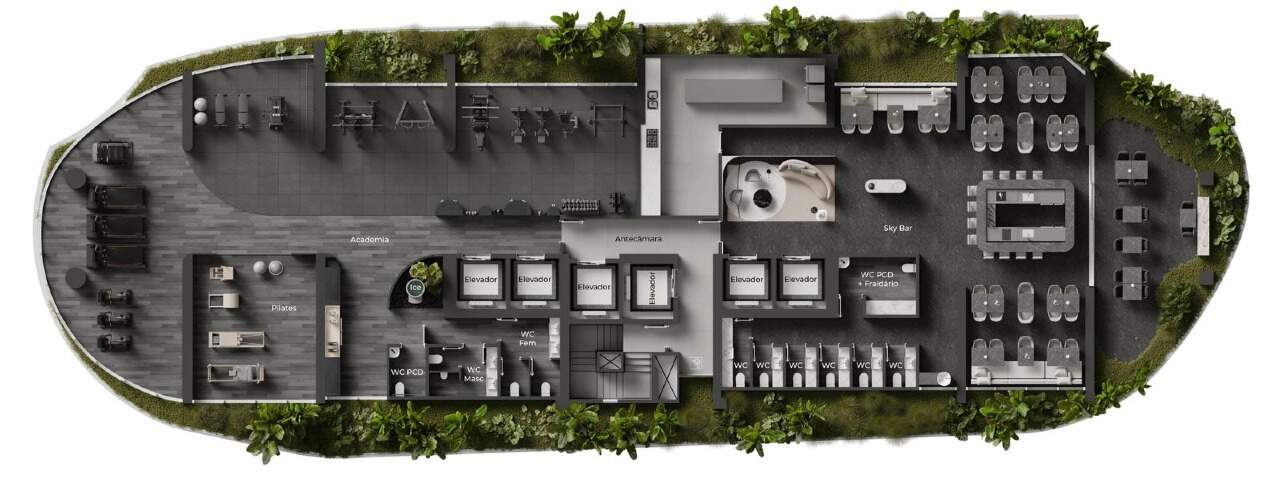Apartamento à venda no Praia Brava: Planta do rooftop: academia, pilates, restaurante e terraço