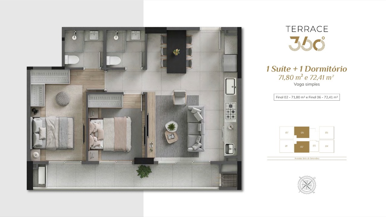 Apartamento à venda no Fazenda: Planta de 72 m² (finais 02 e 06): suíte, dormitório, living e sacada com churrasqueira