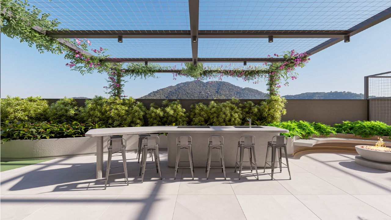 Apartamento à venda no Fazenda: Sport grill sob o pergolado do pavimento de lazer (imagem ilustrativa)