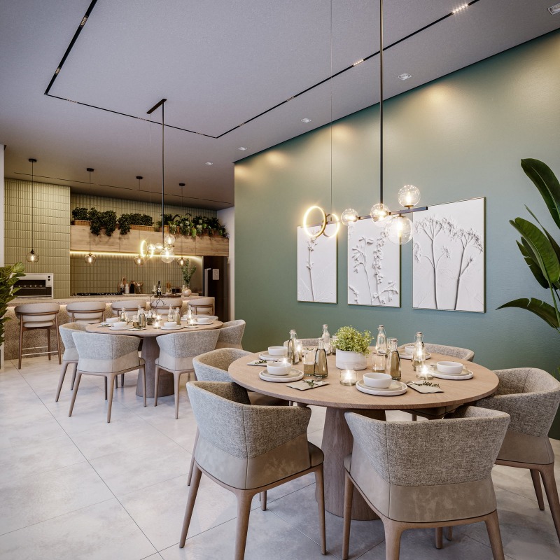 Apartamento à venda no Fazenda: Mesas do espaço gourmet do Lago Louise (imagem ilustrativa)