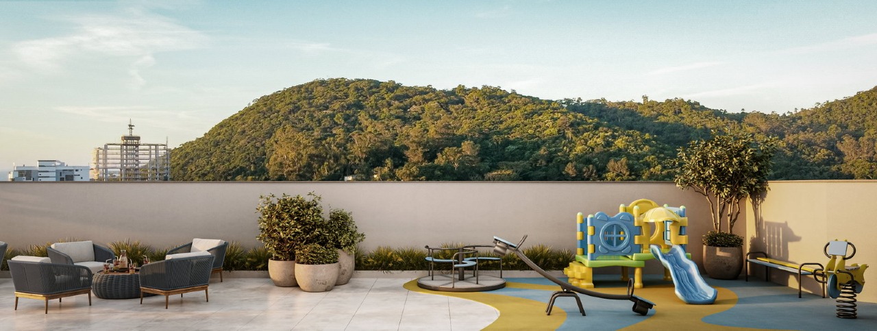 Apartamento à venda no Fazenda: Terraço com playground e área de estar no Lago Louise (imagem ilustrativa)