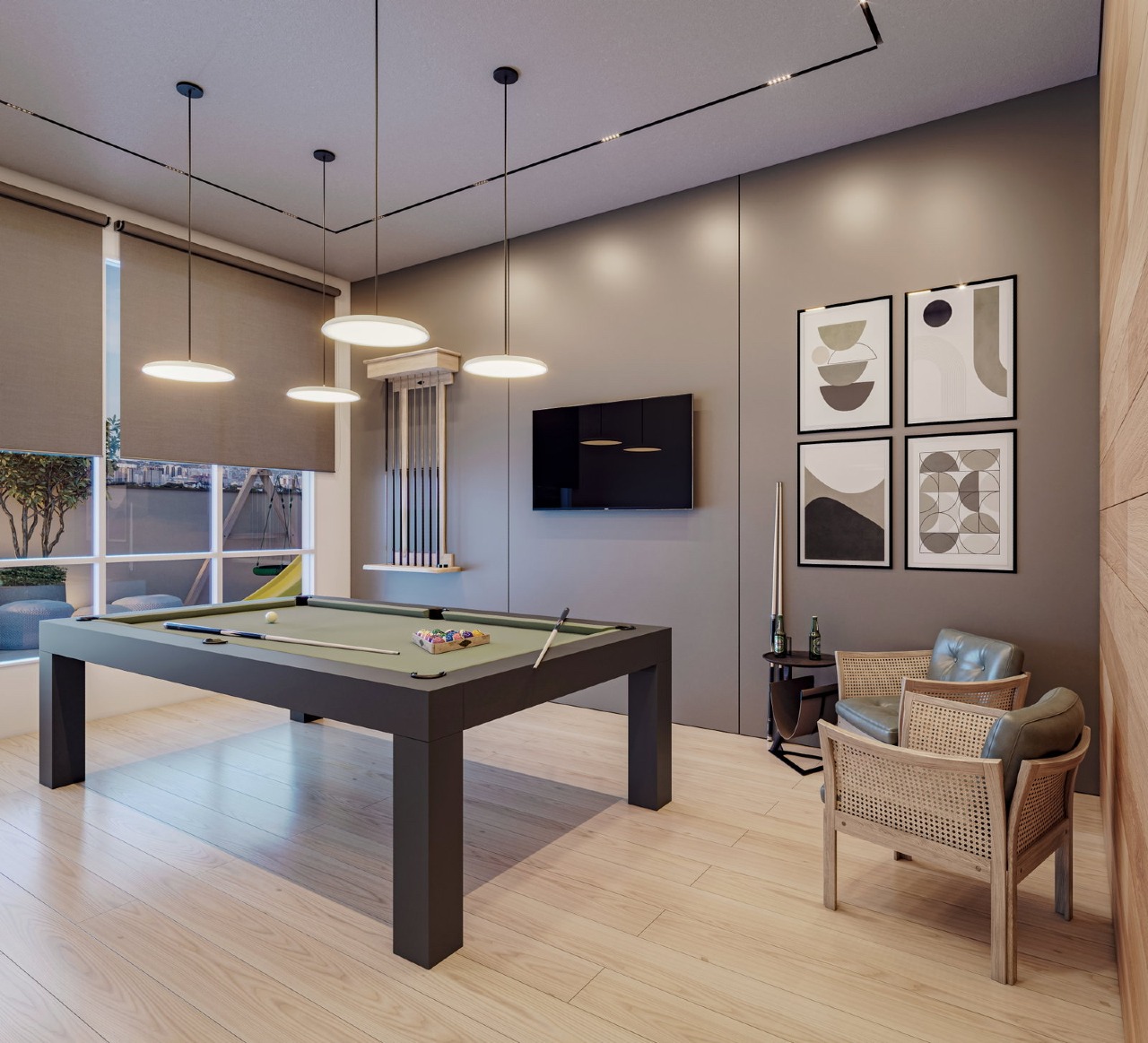 Apartamento à venda no Fazenda: Sala de jogos com mesa de sinuca no Lago Louise (imagem ilustrativa)
