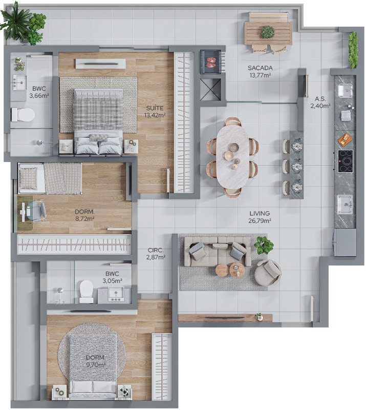 Apartamento à venda no Fazenda: Planta humanizada dos finais 03 e 04, de 98,65 a 102,09 m² (imagem ilustrativa)