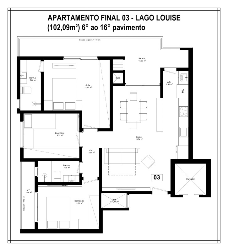 Apartamento à venda no Fazenda: Planta do final 03 do Lago Louise: 102,09 m² com suíte, 2 dormitórios e sacada de 13,89 m²