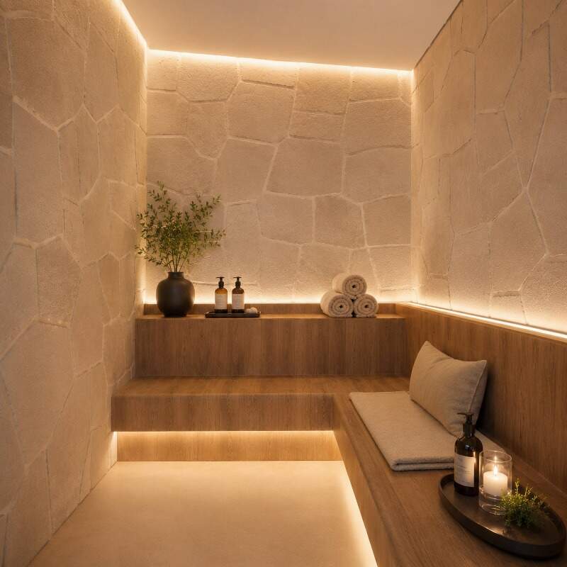 Apartamento à venda no Pioneiros: Espaço de descanso do spa, com banco e parede de pedra (imagem ilustrativa)