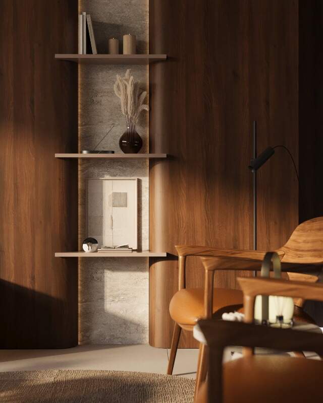 Apartamento à venda no Pioneiros: Detalhe do salão de festas, com nicho de madeira e poltrona (imagem ilustrativa)