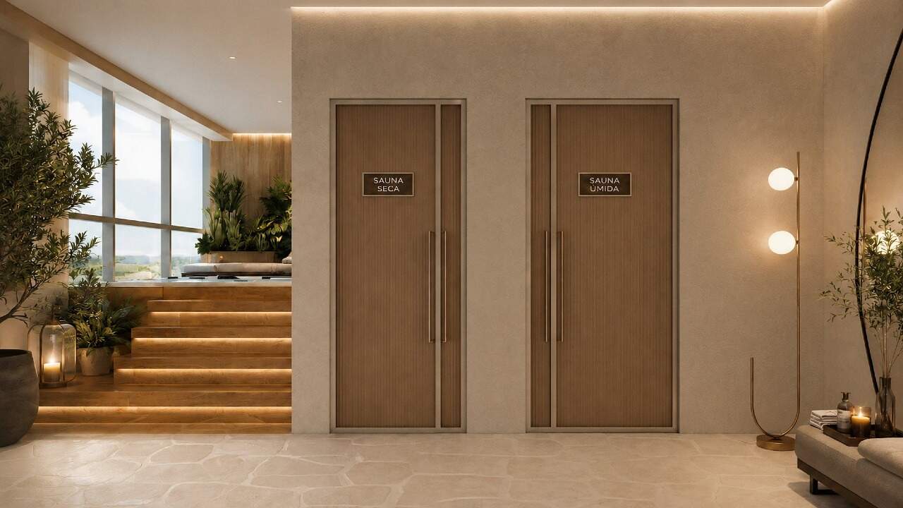 Apartamento à venda no Pioneiros: Acesso às saunas seca e úmida do spa (imagem ilustrativa)
