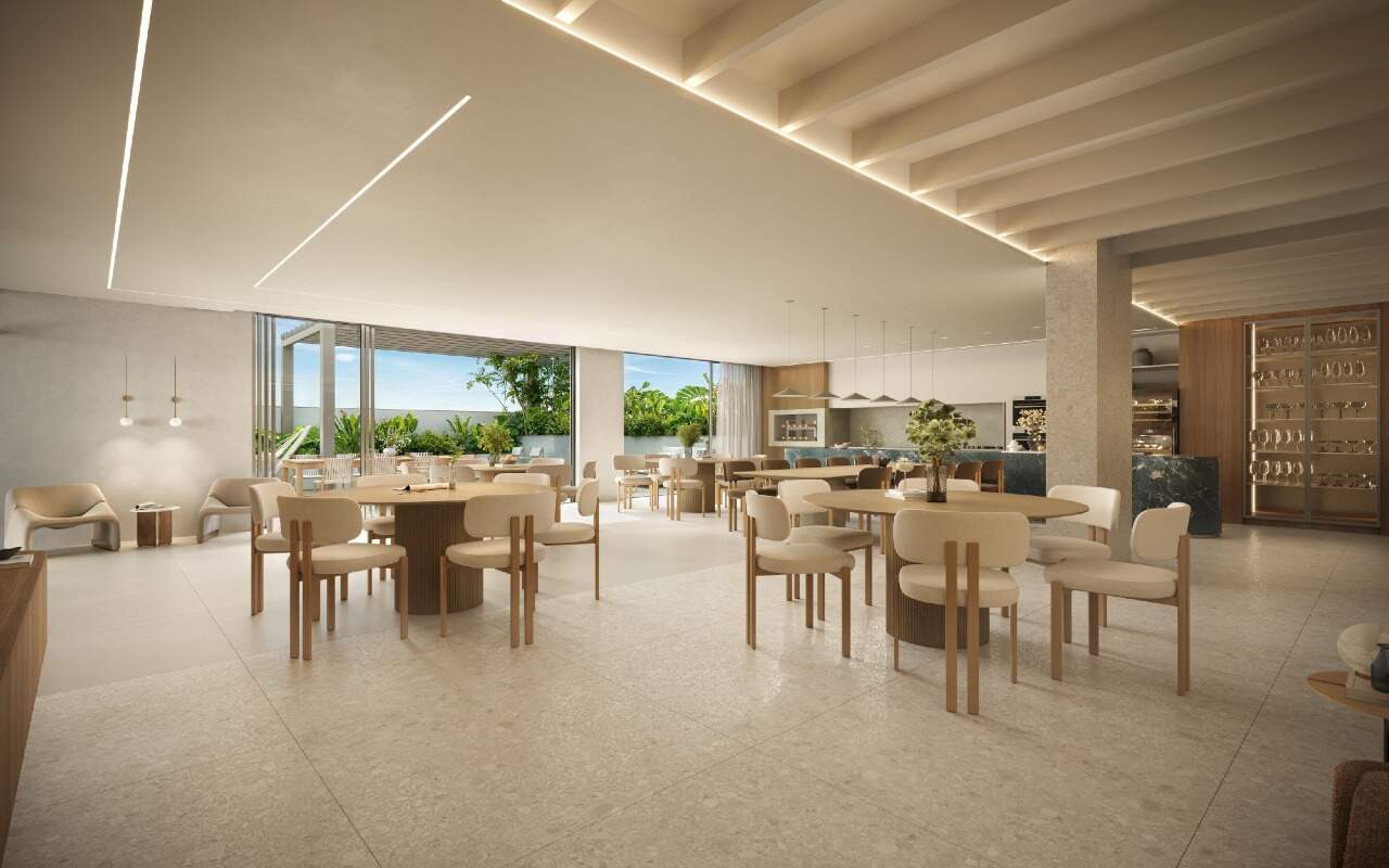 Apartamento à venda no Pioneiros: Salão gourmet com adega e mesas (imagem ilustrativa)